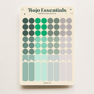Könnte beinhalten: Ein Blatt mit grünen Farbpalettenstickern mit Kreisen und Bannern. Das Blatt trägt den Text "Bujo Essentials" und "GREEN COLOR PALETTE". Die Sticker sind in verschiedenen Grüntönen.