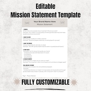 May include: A customizable mission statement template with sections for purpose, audience, and values. The template includes the text "Editable Mission Statement Template" and "Fully Customizable" in a neutral color scheme.