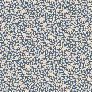 Könnte beinhalten: Ein nahtloses Muster mit kleinen weißen Blüten und Blättern auf dunkelblauem Hintergrund.