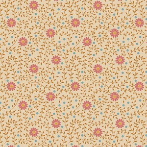 Könnte beinhalten: Ein nahtloses Muster mit einem sich wiederholenden Design aus rosa Blüten mit gelben Zentren, braunen Ranken und blauen Punkten auf beigefarbenem Hintergrund.