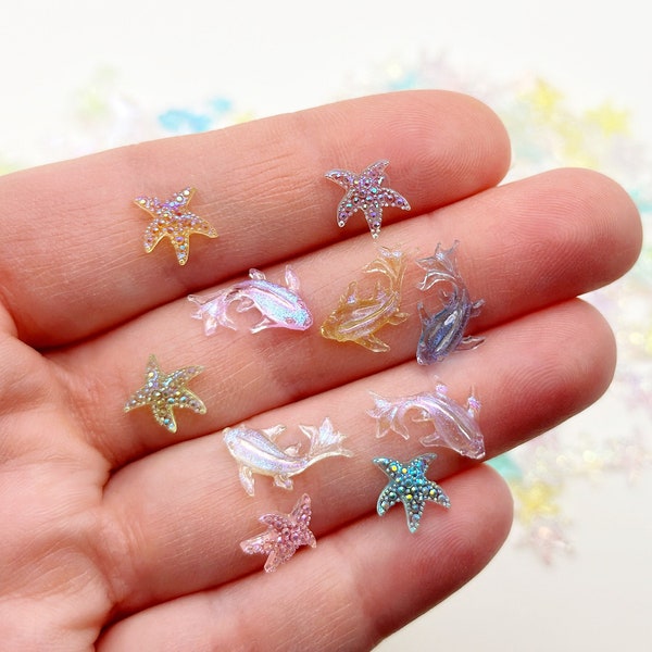 10pc Tiny Resin Koi Fish and Starfish, Fairy Garden Animal Miniatures,Sparkly Colorful Flatback fish,Diorama,Craft Supplies,Terrarium Figure