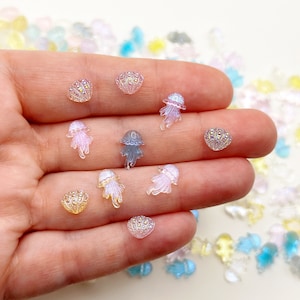 10pc Tiny Resin Jellyfish and Seashells, Fairy Garden Animal Miniatures, Sparkly Colorful Flatback, Diorama, Craft Supplies,Terrarium Figure