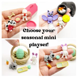 May include: A collection of miniature seasonal playsets featuring small figurines including skeletons, animals, and holiday-themed accessories. The text "Choose your seasonal mini playset!" is overlaid on the center of the four-panel image.