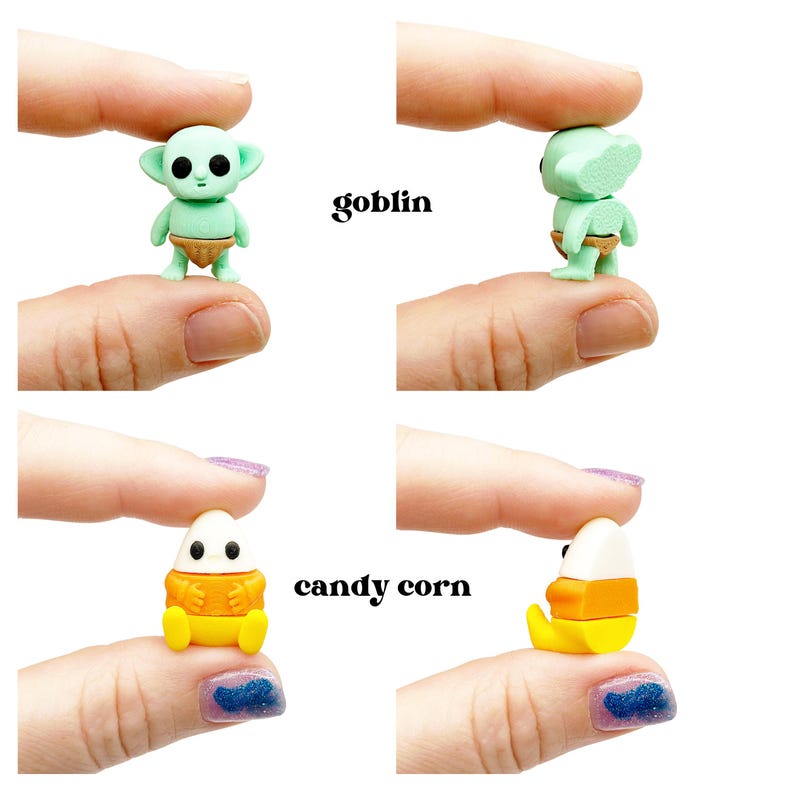 Peut inclure: Une figurine miniature de gobelin vert clair avec de grandes oreilles et un pagne marron, et une figurine miniature de bonbon ma&iuml;s avec un sommet blanc, un milieu orange et une base jaune. Les deux sont vues de face et de profil avec du texte.