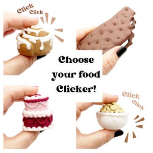 Peut inclure: Un collage de quatre miniatures alimentaires : un roulé à la cannelle, un biscuit au chocolat, un gâteau à étages et un bol de céréales. Le texte "Choose your food Clicker!" est affiché, avec des graphiques "Click".