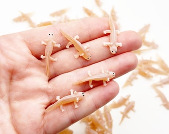 Puede incluir: Una mano sosteniendo una colección de pequeños salamandras de juguete de plástico de color marrón claro. Las salamandras tienen ojos negros y miden aproximadamente 5 cm de largo.