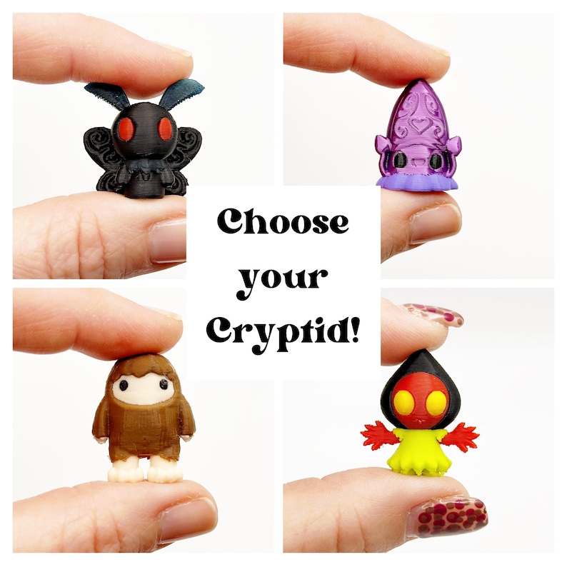 May include: A collage of four miniature cryptid figurines: a black moth-like creature, a purple squid-like figure, a brown yeti, and a red and yellow humanoid. The text "Choose your Cryptid!" is in the center.