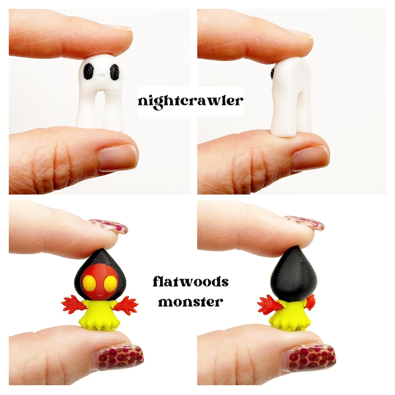 May include: Miniature figurines of cryptids, including a white nightcrawler with black eyes and a Flatwoods Monster with a black head, yellow body, and red arms. The text "nightcrawler" and "flatwoods monster" are displayed.