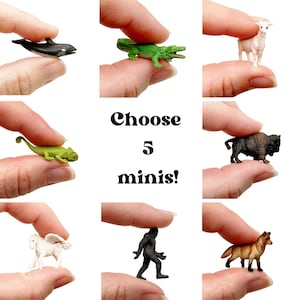 May include: A collection of miniature animal figurines including an orca, crocodile, goat, chameleon, bison, pegasus, bigfoot, and fox. The text in the center reads Choose 5 minis! These small, detailed plastic figures are displayed individually.