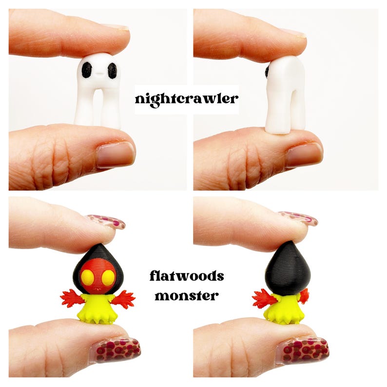 May include: A set of miniature figurines, including a white, two-legged nightcrawler with black eyes and a yellow-and-red Flatwoods Monster with a black head. The text "nightcrawler" and "flatwoods monster" are also visible.
