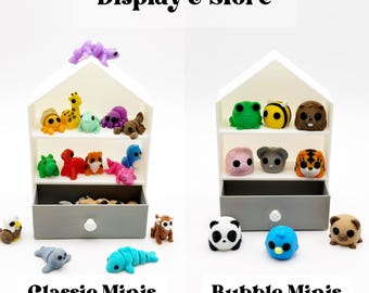 Mini Animal Display Shelf Set Cute Desk Pets 3D Printed Toy Storage Organizer Kawaii Desk Decor Tiny Figures Collectible Minis with Drawer