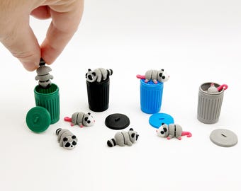 Miniatuur gelede wasbeer opossum figuur 3D-geprinte dieren prullenbak panda stimulator speelgoed mini prullenbak bureaudecoratie diorama benodigdheden vuilcontainer
