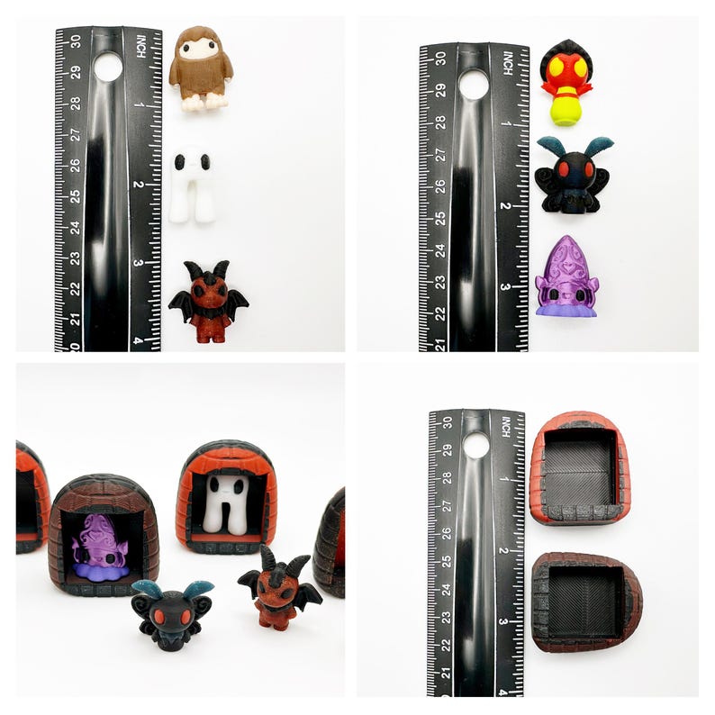 May include: A collection of miniature figurines, including a brown sloth, a white ghost, a red devil, a red and yellow creature, a black moth, and a purple alien. The figurines are next to a ruler marked in inches.