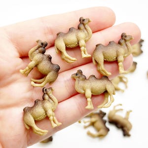 May include: Miniature camel figurines in shades of tan and brown. The small plastic camels are in various poses, some standing and others kneeling. The figurines are likely for crafts or decorative purposes.