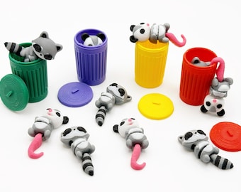 Miniature Articulated Raccoon Possum Figure 3D Printed Animals Trash Panda Stim Toy Mini Trash Can Desk Decoration Diorama Supplies Dumpster