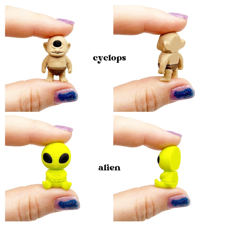 Peut inclure: Une figurine miniature de cyclope beige avec un &oelig;il noir et un pagne marron, et une figurine miniature d'extraterrestre jaune fluo avec de grands yeux noirs. Le cyclope est vu de face et de dos, l'extraterrestre de face et de profil.
