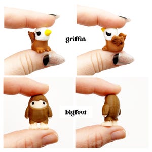 May include: Miniature figurines of a griffin and a bigfoot. The griffin has a white head, yellow beak, and brown body. The bigfoot is brown with a white face and feet. The word "griffin" and "bigfoot" are in the image.