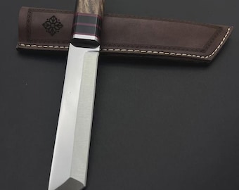 Couteau Tanto en acier D2, fait main, avec étui.