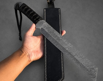 Machette en acier de Damas, couteau de bushcraft artisanal, manche gainé et étui inclus.