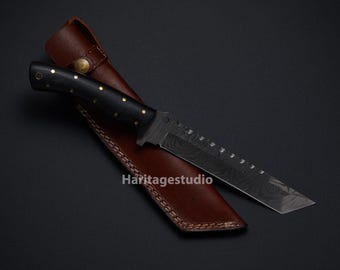 Japanese Tanto knife Damascus steel micarta handle with Leather Sheath