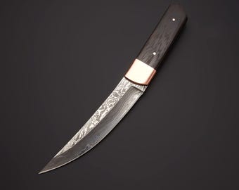 Couteau Tanto en acier damas, manche en bois de wange avec étui en cuir