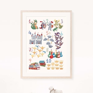 Arte de pared de vivero de caballero y dragón, vivero de bebé niño, castillo, Camelot, cartel Montessori, impresión de números, espada en la piedra