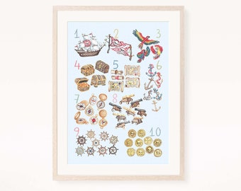 Decoración de pared para habitación infantil de piratas, habitación infantil náutica, impresión de piratas, impresión de números, impresión educativa, decoración de habitación infantil para bebé niño, estilo bohemio, bebé ecológico