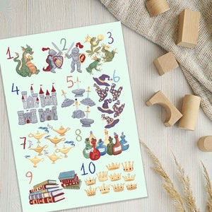 Arte de pared infantil de caballero y dragón, Camelot, póster Montessori, impresión de números, habitación infantil para niño, castillo, espada en la piedra