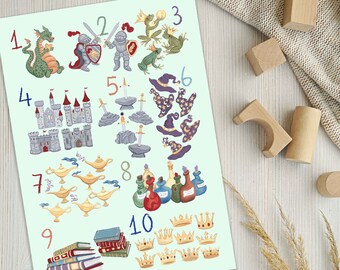Arte de pared infantil de caballero y dragón, Camelot, póster Montessori, impresión de números, habitación infantil para niño, castillo, espada en la piedra