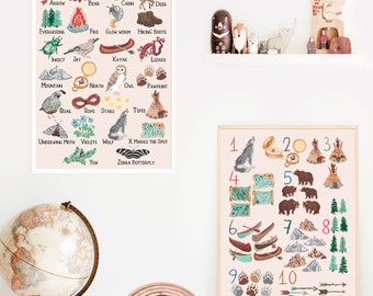 Cowboy ABCs y 123s Posters, Mountain Alphabet Poster Set de 2 impresiones, Adventure Nursery, Outdoorsy Baby Art