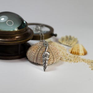 May include: A silver pendant necklace with a textured, cone-shaped charm. The necklace rests on a sea urchin shell, with seashells and sand in the background. A brass magnifying glass and a compass are also visible.