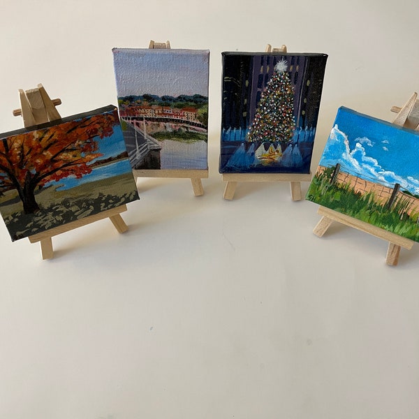 Pinturas diminutas- Pinturas acrílicas originales 2,5"x3,5" (caballete incluido)