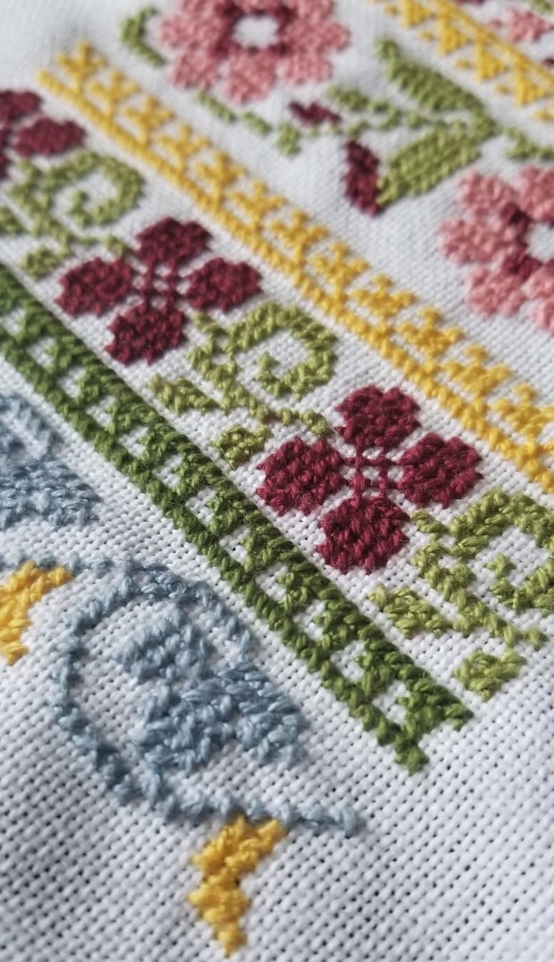 May include: Close-up of a white fabric with a colorful embroidered design. The design features a repeating pattern of flowers in shades of pink, red, green, and blue.