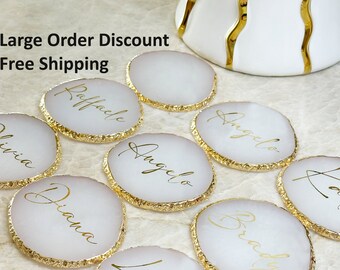 Resin Coasters Personalize Customize Drink Resin Coaster Silver or Gold Rim Wedding Favor Place Name Card Jewelry Color Plate Bridesmaid