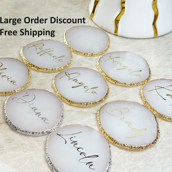 Resin Coasters Personalize Customize Drink Resin Coaster Silver or Gold Rim Wedding Favor Place Name Card Jewelry Color Plate Bridesmaid
