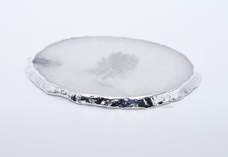 High quality hand crafted natural white agate coaster with silver plated edges