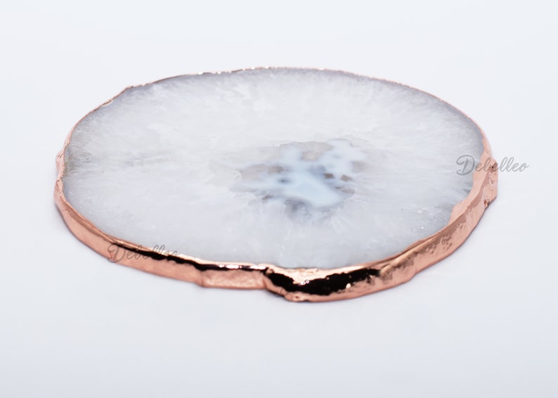 High quality hand crafted natural white agate coaster with rose gold plated edges