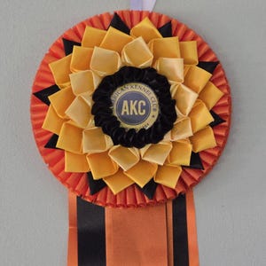 May include: A rosette ribbon with orange, yellow, and black accents. The center features a black circular design with the text "AKC" and "American Kennel Club". The ribbon has a pleated design and long orange and black streamers.