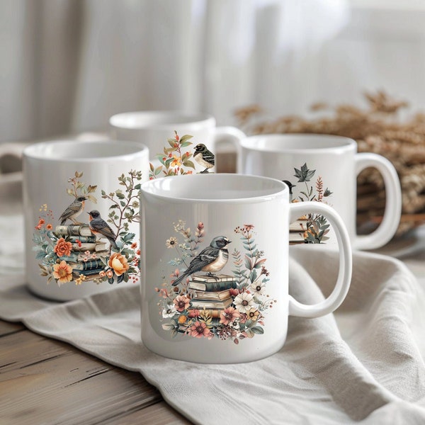 Set of 4 Avian Library Coffee Mugs, Bookish Mugs with Birds and Floral Botany Flowers, Gift for Reader, Cottagecore Kitchen, Light Academia