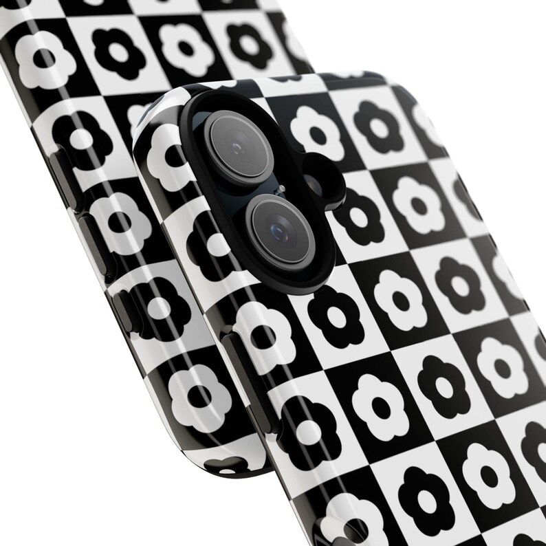 Cute Checker iPhone 16 Case, Black White Phone Case, Retro Daisies