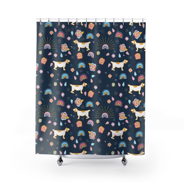 Kids Bathroom Shower Curtain Dogs and Flowers Navy Blue and Pink Little Girls Bathroom Decor Cute Girls Bedroom