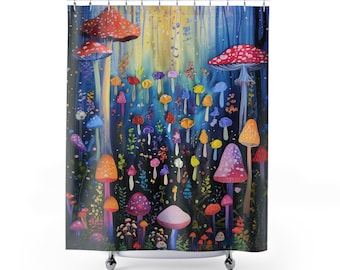 Fine Art Regenbogen-Pilz-Duschvorhang im psychedelischen Retro-Ölgemälde-Stil, vielseitige Badezimmerdekoration