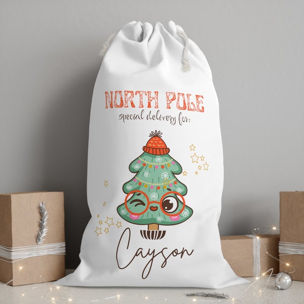 Cute Hipster Christmas Tree Santa Sack, Personalized Santa Sack for Boys, North Pole Delivery Gift  Bag from Santa, 70s Retro Hippie Groovy