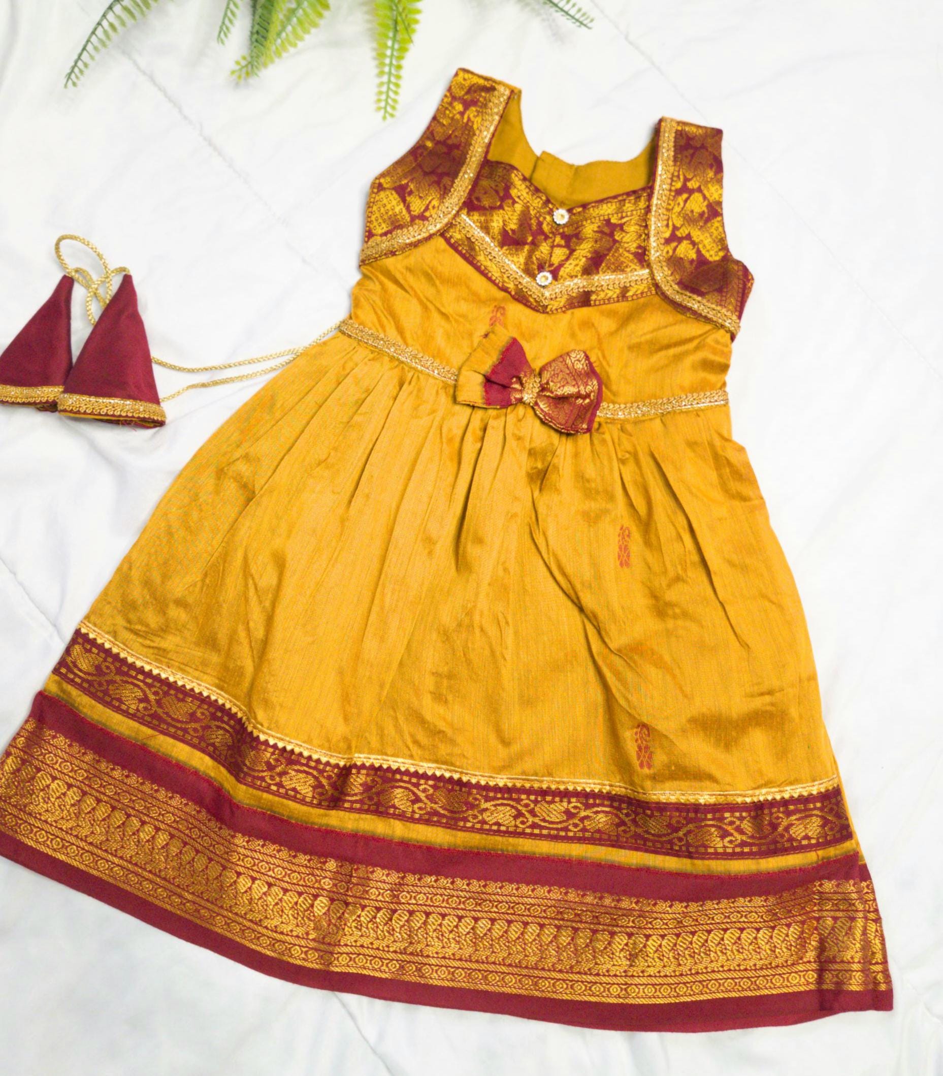 Kids' Pattu Pavadai Frock: Silk Cotton, Maroon & Gold, Indian Ethnic Wear