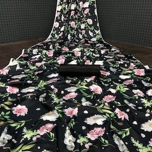 satin digital printed saree/black color flower design satin soft material saree/party/casual wear indian saree