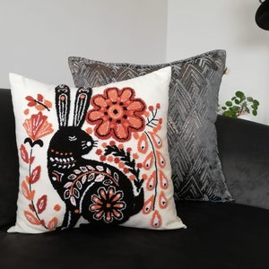 Folk Rabbit Pillowcase, Easter Bunny Pillowcase, Punch Neddle Cushion, Easter Home Decor, Embroidered Pillow, ( Tax&Duty Paid/DDP USA )