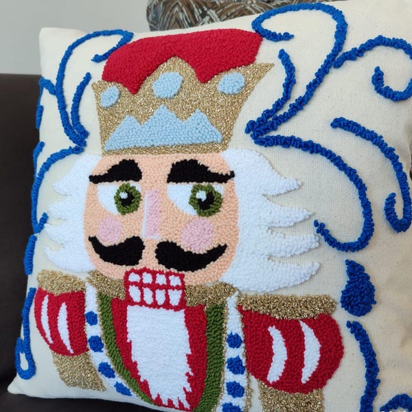 Nutcracker Pillow Cover: Handmade Embroidered Punch Needle Cushion (16 inc) ( Tax,Duty Paid/DDP USA )