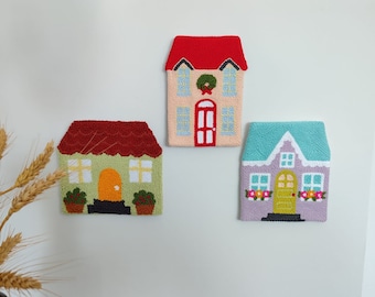 Muurhanger getuft huis: handgemaakte punchnaaldkunst (tax, duty Paid/DDP USA)