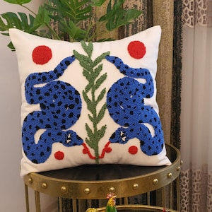 Snake Punch Pillowcase, Embroidery Cushion, Hand Tufted Cushion Cover, Handmade Blue Snakes Pillowcase