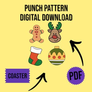 May include: Digital download of a punch pattern with Christmas designs. Includes a gingerbread man, reindeer, stocking, and bauble. The word "COASTER" is in a purple banner, and "PDF" is in a purple starburst.